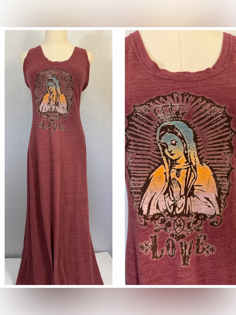 Junk Gypsy Sleeveless Graphic Tank Dress in Burgundy with 'Love' Motif